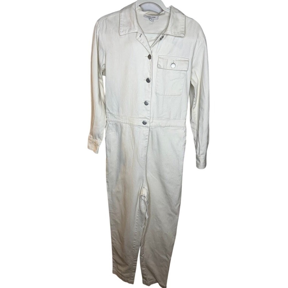 Sandy Liang Women Cream Cotton Denim Utility Jumpsuit Boiler Suit Size 4